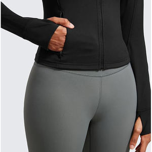 Women's Full Sleeve Ribbed Stand Collar Zip up Yoga <b>Jacket</b> Solid Black Breathable Stretch <b>Workout</b> Outerwear Seamless Design - Product Image 3