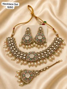 Gold Plated Zinc Alloy Imitation <b>Pearl</b> Kundan Bridal Wedding <b>Jewelry</b> <b>Set</b> Choker Necklace Drop Earrings Tikka High Quality Latest - Product Image 3