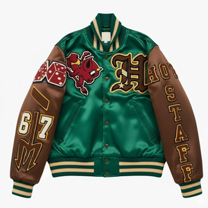 Veste universitaire d'hiver verte pour homme avec motif de lettres brodées, col rond, coupe régulière, 100% laine, écologique - Product Image 1