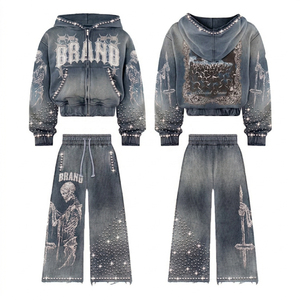 Ensemble de survêtement unisexe punk avec sweat à capuche zippé et pantalon de jogging ample à jambes larges, imprimé crâne par transfert thermique et strass, 2 pièces - Product Image 1