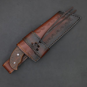 มีดพับทำมือ Damascus Custom OEM ด้ามทำจากกระดูกอูฐและเขาควาย สลักลาย พร้อมปลอกหนัง - Product Image 4