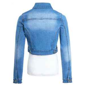 Custom Women's Cropped <b>Denim</b> <b>Jacket</b> <b>Long</b> Sleeves Front Pockets Button Decoration Washed Technique Casual Style Autumn Winter - Product Image 3