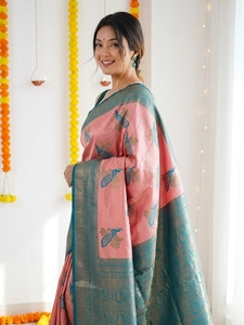 Sari en soie rose et bleu AARA Fashion avec imprimé paon, tenue traditionnelle indienne, protection solaire pour Diwali, sari long pour femmes - Product Image 2