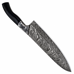 Cuchillo de Cocina Premium con Patrón Damasco, Mango Curvo Negro, Bolster Decorativo Plateado, Hoja Ancha para Cortar Carne y Verduras - Product Image 5