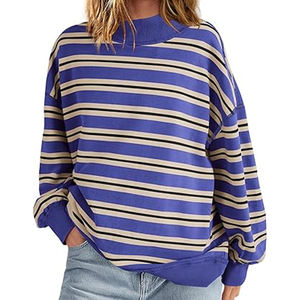 Sudadera de Mujer con Cuello Alto, Rayas Moradas y Beige, Hombros Caídos, Mangas Largas Holgadas y Dobladillo con Banda, para Uso Diario - Product Image 1