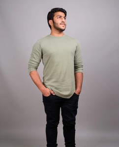 T-shirt à manches longues pour homme, blanc et couleur personnalisée, col rond, coupe classique, mélange coton et élasthanne, tricot uni décontracté - Product Image 2