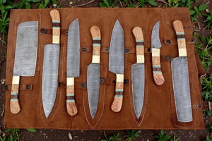 Juego de Cuchillos de Chef de Acero de Damasco con Mango de Madera de Olivo, Ocho Piezas, Forjados a Mano, Personalizados, OEM, Cuchillos de Cocina Profesionales con Bolsa - Product Image 3