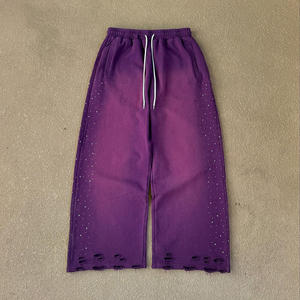 Premium Quality Wide Leg Acid Wash <b>Baggy</b> Flare Sweatpants Cotton Fleece Jogger with Rhinestones Sun Faded Canvas <b>Pants</b> - Product Image 4