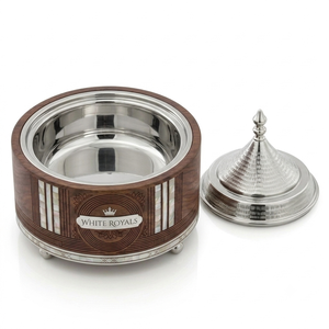 Luxury Royal Wooden Casserole Hotpot with Mother of Pearl Inlay & <b>Chrome</b> Finish Lid Premium Ramadan & Eid Buffet Serveware Bulk - Product Image 3