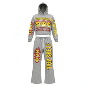 Brown <b>Men's</b> Hoodie and Sweatpants Set Vintage Flame Print <b>Crop</b> <b>Top</b> Jogger Outfit Casual Streetwear - Product Image 4
