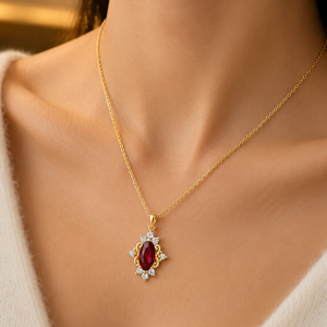Plated Yellow Gold Pendant <b>Necklace</b> Marquise Red Gemstone Anniversary Floral Jewelry for Women - Product Image 2