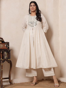 DEEBACO Women's Casual Solid Ankle Length Anarkali Tunic & Palazzo Cord <b>Set</b> Breathable Cotton Long Jumpsuits - Product Image 1