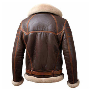 Veste de moto en cuir d'agneau pour homme avec doublure en fourrure, chaude et épaisse pour l'hiver, style motard, coupe classique, fermeture à ceinture - Product Image 1