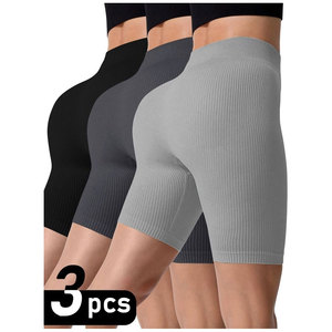 Conjunto de 2 Piezas de Shorts de Yoga Acanalados de Cintura Media, Sin Costuras, Elásticos en 4 Direcciones, Color Sólido, Tallas Grandes, Ecológicos y Transpirables para Mujer - Product Image 1