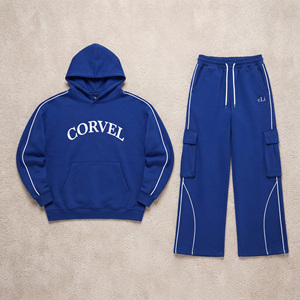 Ensemble de survêtement bleu pour femme avec sweat-shirt à poche et pantalon cargo large à empiècements, personnalisable avec logo, commande en gros - Product Image 3