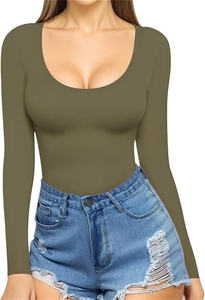 Camiseta Básica de Manga Larga para Mujer, Corte Ajustado, Color Sólido, Ecológica, Cuello Redondo, Diseño Comprimido, para Verano - Product Image 5