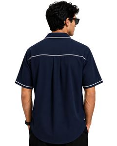Chemise Homme Personnalisée Bleu Marine à Col Cubain avec Passepoil Blanc, Manches Courtes Décontractées, Style Oversize Streetwear Tendance pour l'Été - Product Image 2