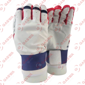 Qaswa Sports Professional Cowskin Leather Batting Gloves White Red Long Cuff Ambidextrous Breathable <b>Hook</b> Loop Closure - Product Image 3