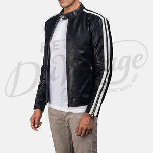 Chaqueta de Cuero Genuino para Hombre, Estilo Motero, Color Negro, con Rayas Blancas en las Mangas, Corte Ajustado, Estilo Racing, Ropa de Invierno - Product Image 5