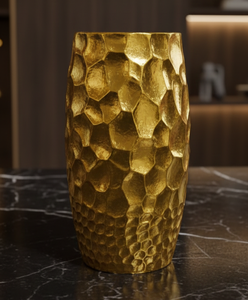 Vase en or coulé de luxe, texture martelée en nid d'abeille, vase décoratif moderne pour fleurs, porcelaine métallisée électro-plaquée, décoration de table - Product Image 4