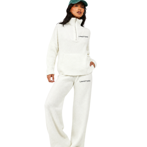 Conjunto de chándal de forro polar para mujer con media cremallera, cuello alto, pantalones de pierna ancha, ajuste relajado, informal, de invierno, dos piezas, para estar en casa - Product Image 1