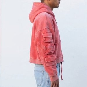 Nouveautés – Sweat-shirt à capuche zippé surdimensionné personnalisé pour homme, couleur rouge corail unie, en coton French Terry, coupe courte, idéal pour l'automne - Product Image 3