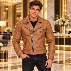 Veste en cuir véritable pour homme de couleur camel avec col à revers, fermeture éclair asymétrique, épaules matelassées et poches zippées pour un usage décontracté - Product Image 1