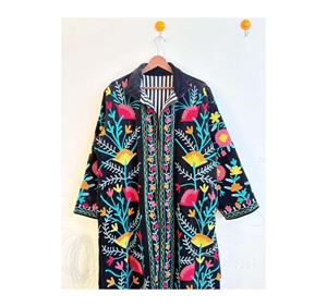 Velvet Suzani Embroidery Floral Pattern Long Robe Indian Women Free <b>Size</b> 100% Cotton Drawstring Closure - Product Image 1