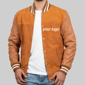 Chaqueta Varsity Bomber recién llegada con mangas de cuero, corte holgado, estilo béisbol, logotipo bordado, chaqueta Letterman de PU. - Product Image 3