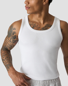 XL Size Lightweight Breathable Men's <b>White</b> Ribbed <b>Tank</b> <b>Top</b> O-Neck Casual Knitted Solid Color Spandex Front Logo 2026 Wholesale - Product Image 4