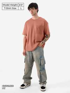 Camiseta Oversize para Hombre, Color Marrón Oxidado, con Bolsillo, Cuello Redondo, Mezcla de Algodón, Estilo Casual Urbano, Marca Privada Personalizada - Product Image 4