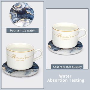 Sous-verres ronds en céramique abstraits en marbre bleu avec support, meilleur ensemble de sous-verres absorbants, décoration de table basse pour la maison. - Product Image 2