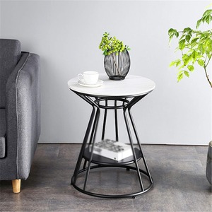 Modern <b>Round</b> Side <b>Table</b>, White Marble Look Plywood Top, <b>Black</b> Metal Frame with Lower Shelf, Living Room Bedroom End <b>Table</b> - Product Image 5