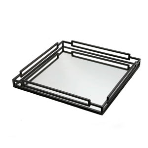 Bandeja de tocador moderna cuadrada de metal negro con espejo, decoración minimalista geométrica de acero inoxidable para encimera de baño o tocador - Product Image 1