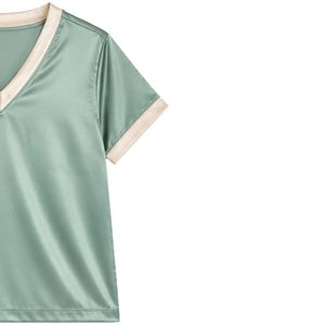 Ensemble de pyjama en satin vert sauge pour femmes, haut à manches courtes et short, bordure contrastante beige, vêtements de nuit doux, fabrication sur mesure OEM ODM - Product Image 3