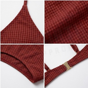 Women Red <b>Checkered</b> Bikini Set V-Neck Triangle <b>Top</b> Hipster Bottoms Stretch Swimwear 2 Piece Fashion Swim Suit - Product Image 4