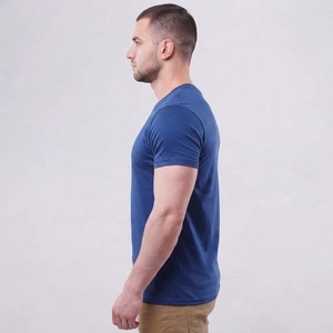 T-shirt décontracté pour homme, bleu royal uni, col rond, manches courtes, coupe ajustée, en jersey de coton respirant, longueur standard - Product Image 3