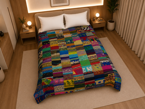 Couette bohème réversible en patchwork, brodée Kantha vintage, 100% coton, garnie de soie, faite à la main, écologique, lavable, toutes saisons - Product Image 1
