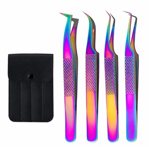 Precision Stainless Steel <b>Eyelash</b> Tweezers Set With Rainbow Finish And Black Leather Case For Lash Extension <b>Application</b> - Product Image 1