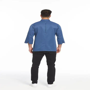 Veste de chef en denim professionnelle de dernière génération pour hommes, manches courtes, fermeture à boutons, uniforme de restaurant et de bar, bleu - Product Image 3