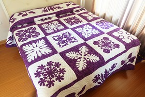 Royal Purple Hawaiian Sampler <b>Quilt</b> With Hand Applique Block Designs Custom Cotton Heirloom <b>Bedspread</b> For Queen King California - Product Image 1