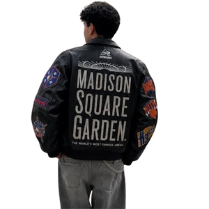 Hailey Bieber MSG Icon New York Knicks Leather Jacket | Celebrity Streetwear Varsity Biker Bomber High-Volume Glossy Black NYC - Product Image 2