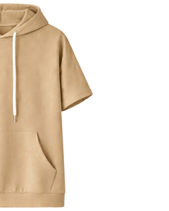 Sudadera con Capucha Beige Personalizada de Manga Corta para Hombre, Estilo Casual, Ligera, de Verano, con Bolsillos, Mezcla de Algodón - Product Image 3
