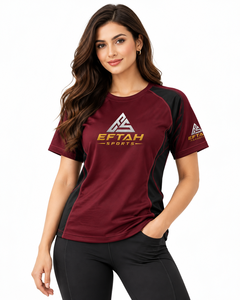 Camiseta Deportiva Negra de Manga Corta para Mujer Eftah, Cuello Redondo, Logotipo Estampado, Ribete Dorado, Top Deportivo de Verano - Product Image 3