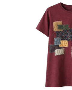 Customized Vintage <b>Patchwork</b> Applique T Shirt Women Cotton Crew Neck Short Sleeve Casual Streetwear Graphic <b>Top</b> Custom Logo OEM - Product Image 3