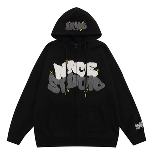 เสื้อฮู้ดดี้ปักลายวินเทจสไตล์ดิสเทรสสำหรับผู้ชาย ประดับด้วยคริสตัล พิมพ์ลายสกรีน ล้างสีแบบแอซิดวอช สำหรับผู้ชาย - Product Image 2