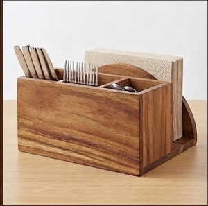 Mango Wood Eco-Friendly Utensil Holder 3 Compartment Rectangle Minimalist <b>Kitchen</b> <b>Storage</b> <b>Box</b> for Tableware with Napkin Rack - Product Image 3