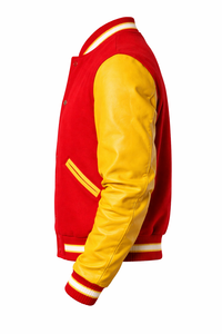 Red Varsity Jacket Cow Skin Sleeves Turn-down Collar Button Front Preppy Style Regular Fit Winter Outerwear <b>Wool</b> Body Breathable - Product Image 5