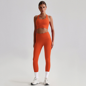 Nouveautés : Ensemble de leggings de yoga pour femmes en polyester/coton, respirant, uni, tenue de sport 2 pièces, taille élastique - Product Image 4