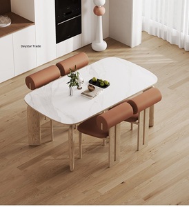 Mesa de Comedor Rectangular Moderna y Sencilla de Madera de Fresno Maciza Estilo Nórdico con Tapa de Mármol para 4 Personas, Personalizada Cream Wind Rock Board - Product Image 1